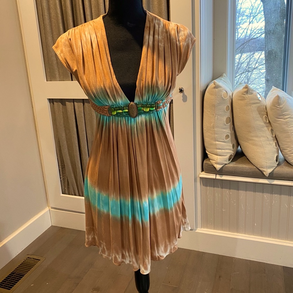 Sky Brown and Turquoise Tie-Dye Empire Waist Dress